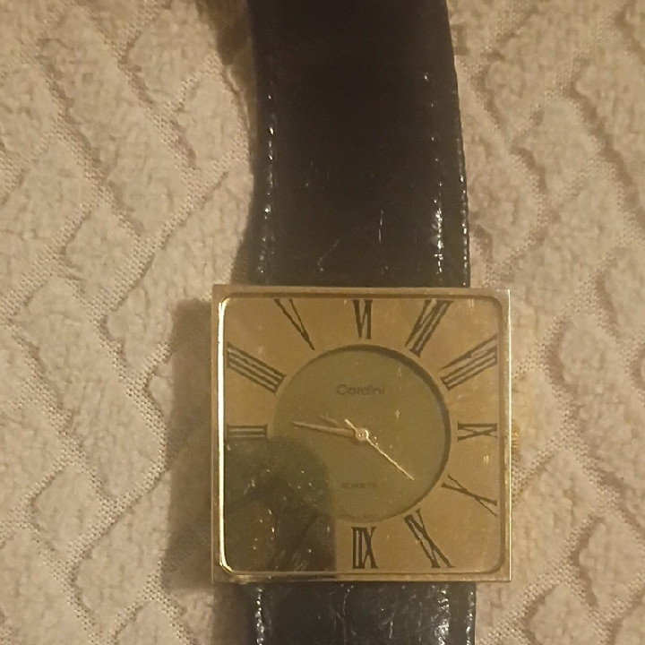 Gold Square Watch With Black Leather Strap